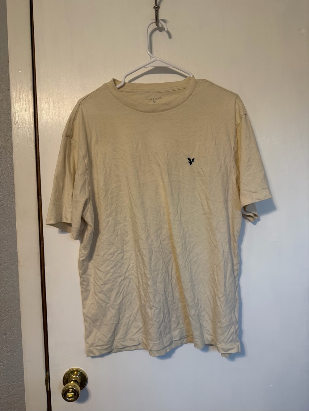 American Eagle Outfitters Men's Cream Short Sleeve Tee with Navy Logo
